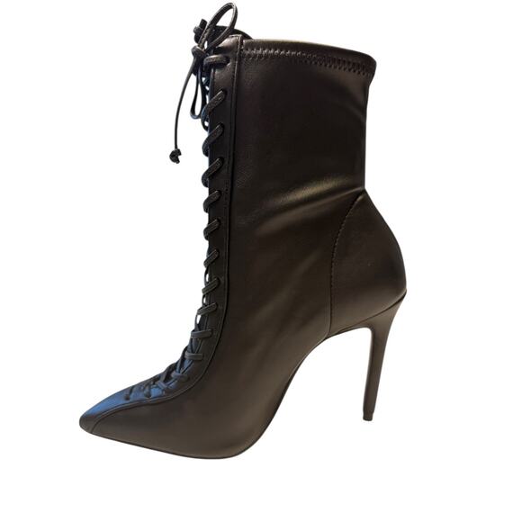 Schutz Black Nappa Leather Lace-Up Stiletto Ankle Boots | Size 5B Pointed Toe - Picture 10 of 12